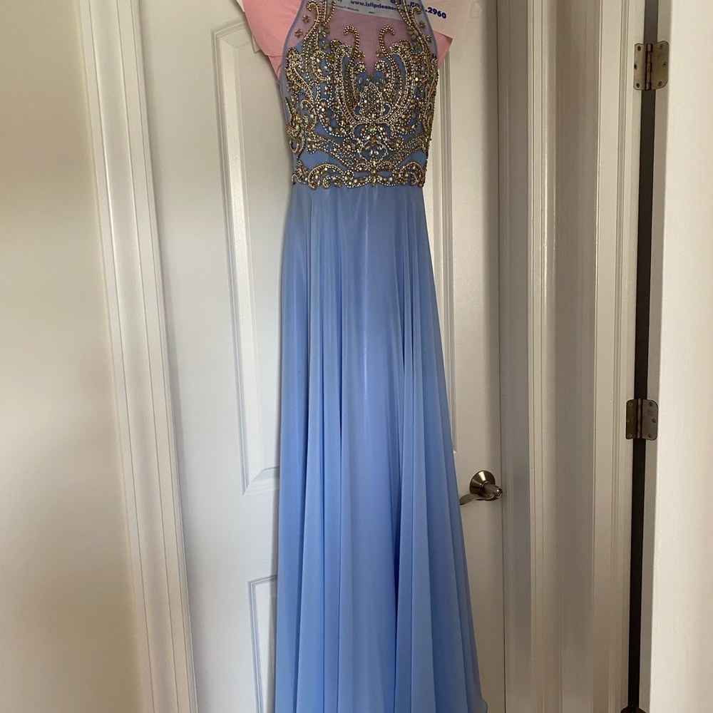 Alyce Paris Blue Dress with Gold Accents